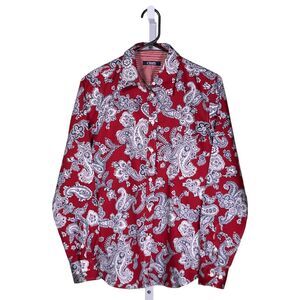Chaps Ralph Lauren Women's Shirt Button Up Red Blue White Paisley Blouse Top S